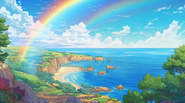 Een regenboog boven een klif met uitzicht op de oceaan Fantasy concept Illustratie schilderij