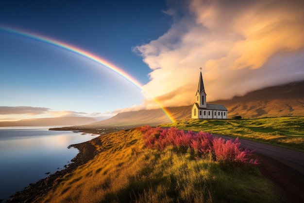 Een regenboog boven een landelijke kerk