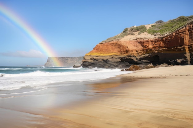 Een regenboog boven een strand met een klif op de achtergrond