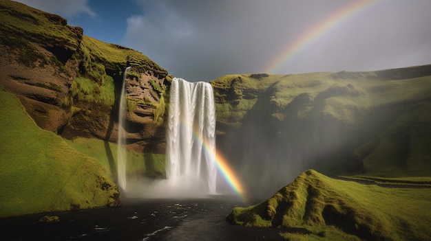 Een regenboog boven een waterval met een regenboog aan de hemel