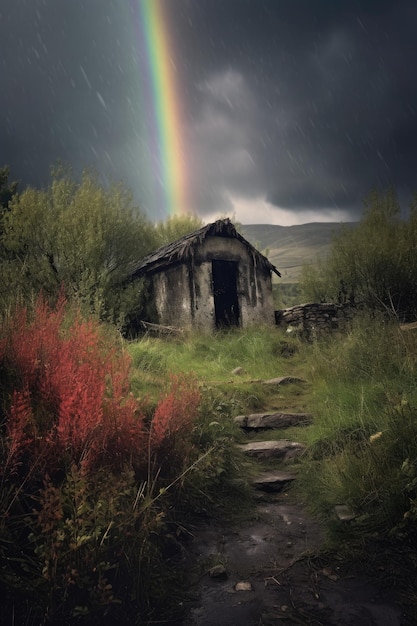 Een regenboog die tevoorschijn komt uit donkere regenwolken gemaakt met generatieve AI