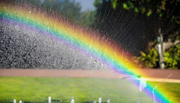 Een regenboog die verschijnt in een sprinklerstroom van water