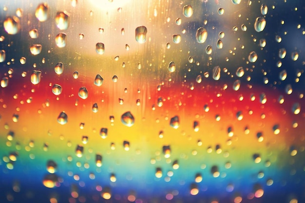 Foto een regenboog gekleurd glas met waterdruppels erop en een regenbogen gekleurde achtergrond