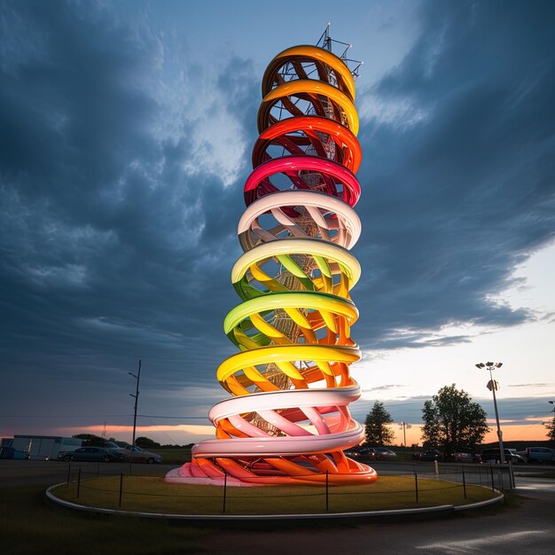 een regenboog gekleurde spiraalvormige toren met het woord regenboeg erop