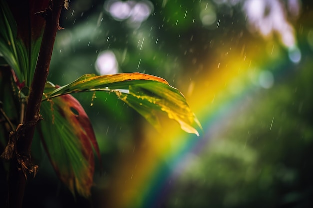 Foto een regenboog in de regen wordt gezien door een regenboog.