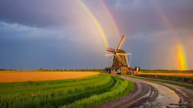 Een regenboog is boven een windmolen en een tarweveld.