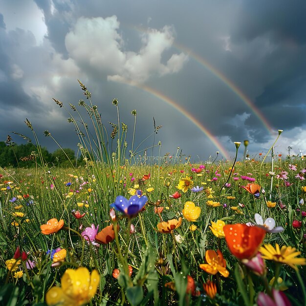 een regenboog is in de lucht boven een veld van bloemen