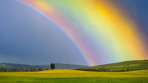 een regenboog is in de lucht boven een veld