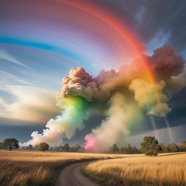 Foto een regenboog is in de lucht en de wolken zijn regenbogen