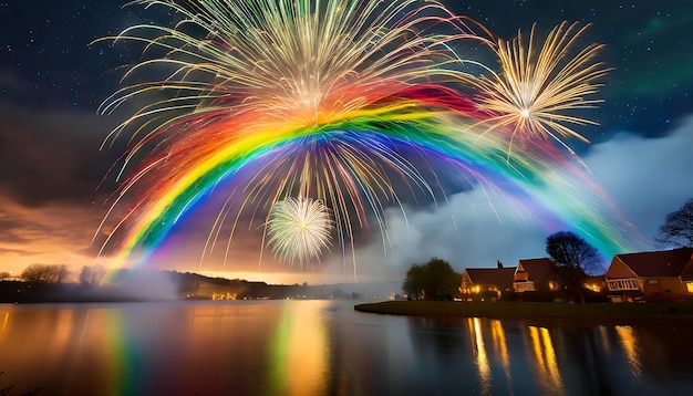 Foto een regenboog is verlicht met vuurwerk in de lucht.