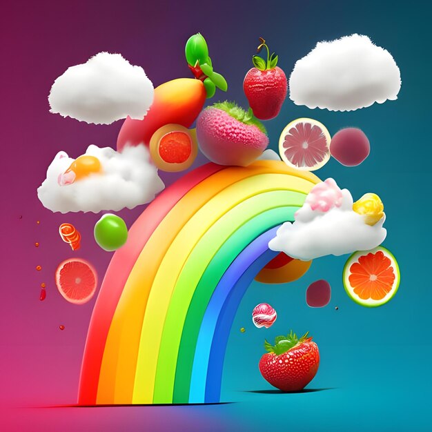 Foto een regenboog met kleuren van fruit en wolken van katoen