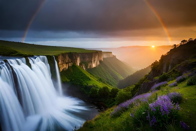 Een regenboog over een waterval