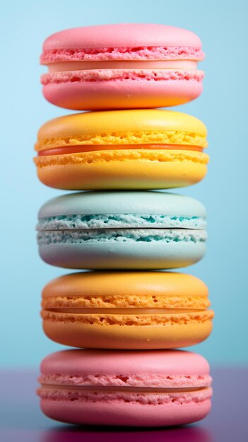 Een regenboog van 5 pastelkleurige macarons op een rij pastelkleuren achtergrond