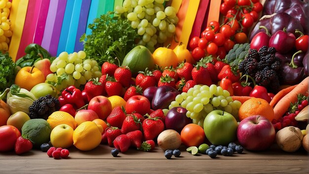 Foto een regenboog van fruit en groenten is in een cirkel gerangschikt