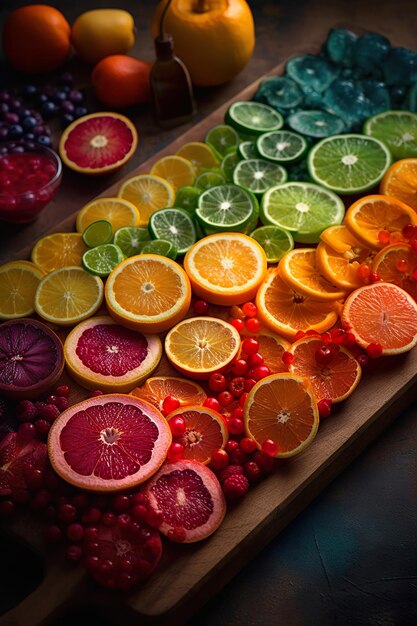 Foto een regenboog van vruchten en bessen generative ai