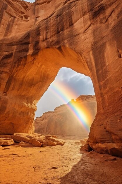 een regenboog wordt weerspiegeld in een rotsformatie