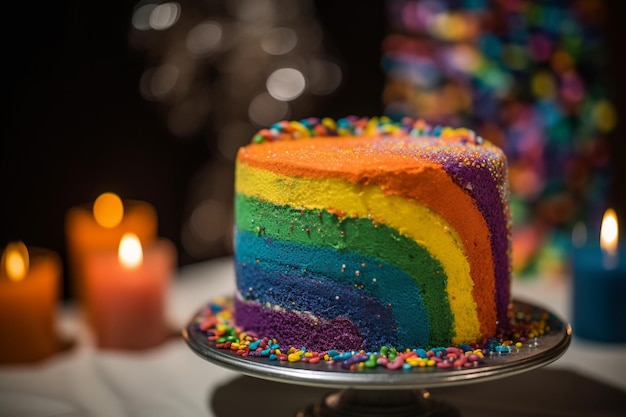 Een regenboogcake met het woord cake erop