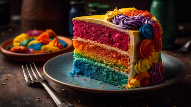 Een regenboogcake met het woord cake erop