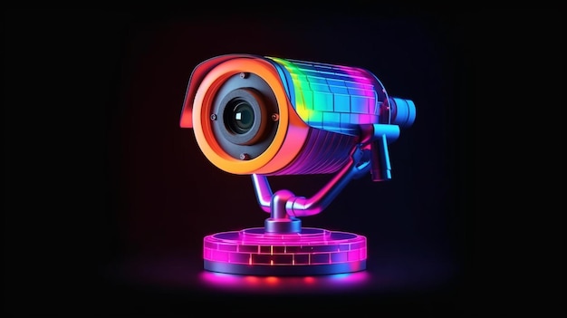 Een regenboogcamera met een camera op een zwarte achtergrond