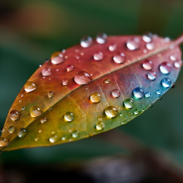 Een regenboogkleurig blad met waterdruppeltjes erop.