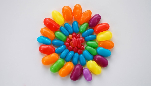 Een regenboogkleurig snoepje is gerangschikt in een cirkel.
