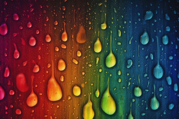 Een regenboogkleurige achtergrond met waterdruppels.