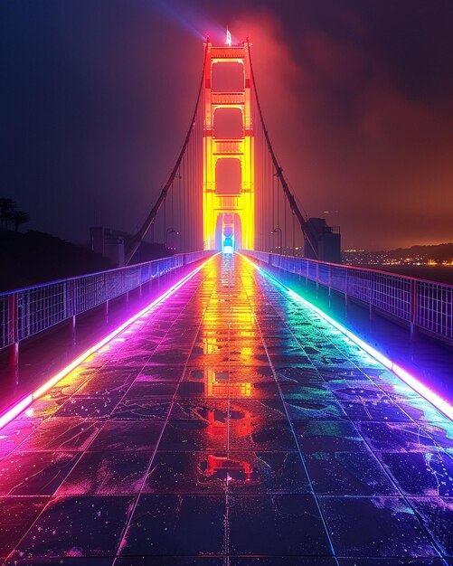 Foto een regenboogkleurige brug die's nachts wordt verlicht