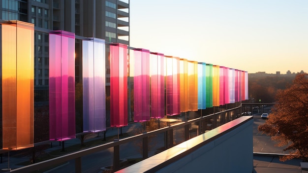 Een regenboogkleurige glazen wand met een zonsondergang op de achtergrond ai