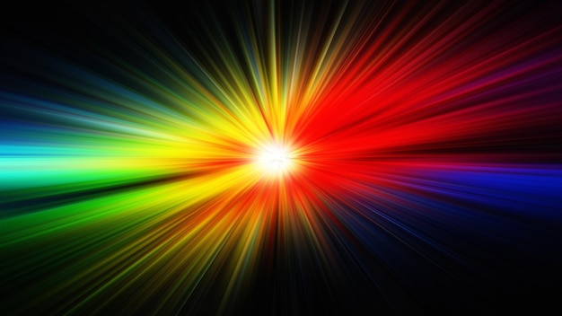 Een regenboogkleurige lichtuitbarsting met een zwarte achtergrond.