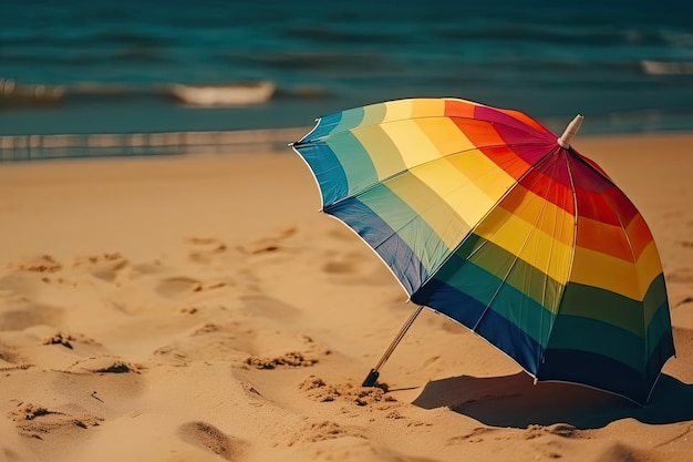 Een regenboogkleurige paraplu zit op een strand met de oceaan op de achtergrond.