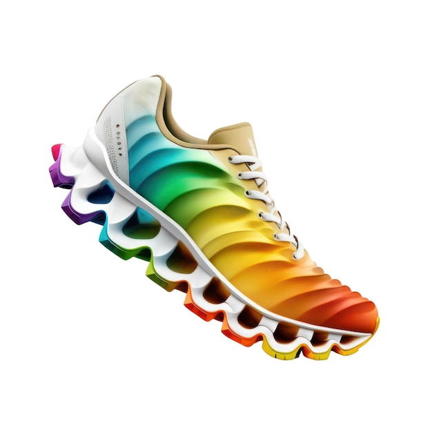 Een regenboogkleurige schoen met het woord 'adida' op de onderkant.