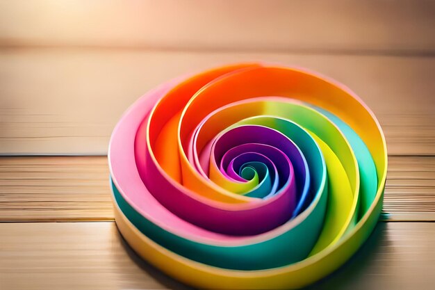 Foto een regenboogkleurige spiraal staat op een houten tafel.