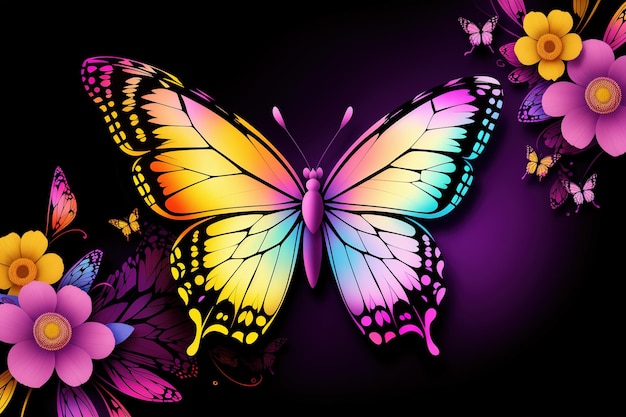 Een regenboogkleurige vlinder met een regenboogachtergrond