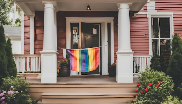 Een regenboogvlag hangt aan de voordeur van een huis.