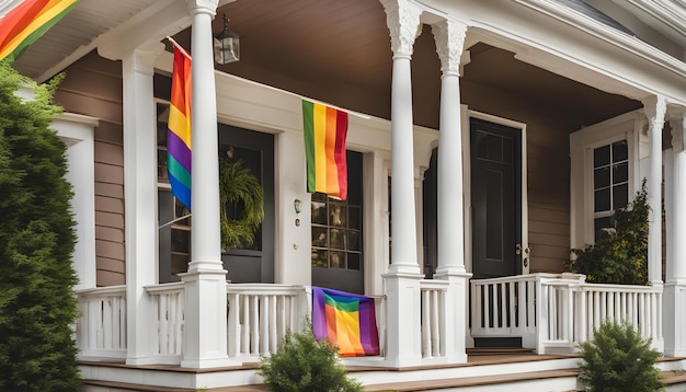 een regenboogvlag hangt aan een veranda van een huis