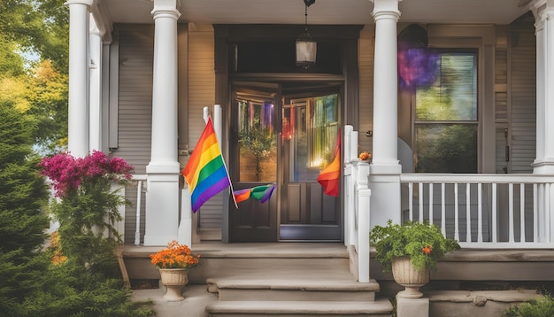 Een regenboogvlag hangt buiten een huis.