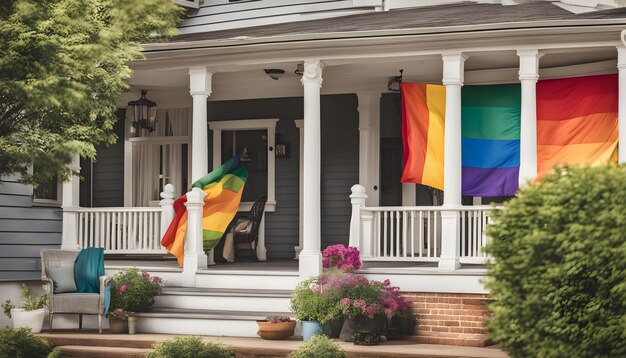 Een regenboogvlag hangt op een veranda.