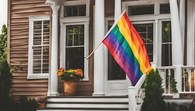 Een regenboogvlag staat buiten een huis.