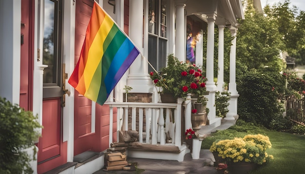 Een regenboogvlag staat op een huis in het land.