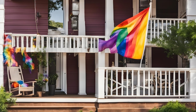 Een regenboogvlag vliegt voor een huis.