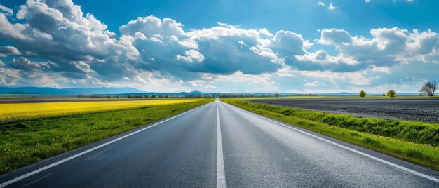 Een reis door het voorjaarslandschap Een glimp van landbouwgrond op een open snelweg