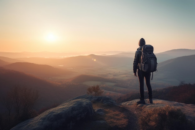 Een reiziger die op een hoog uitkijkpunt staat en uitkijkt over een uitgestrekt schilderachtig landschap