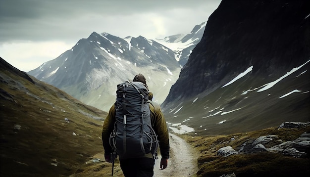 Een reiziger met een rugzak loopt in de bergen Generatieve AI