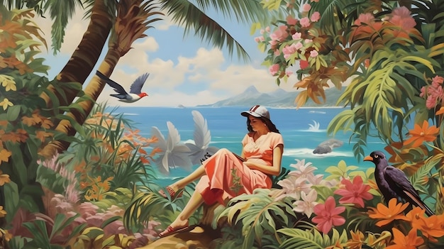 Een reiziger rusten onder een hoge palmboom in een tropisch paradijs omringd door levendige bloemen en exotische vogels voelen een koele oceaan bries op hun huid