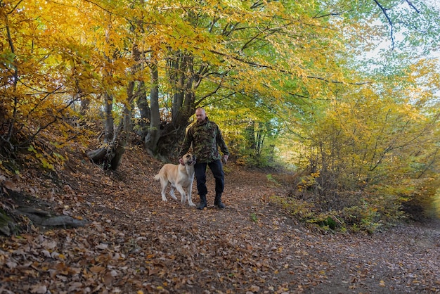 Een reizigerspad dat tijdens de wandeling met zijn hond in het herfstbos loopt