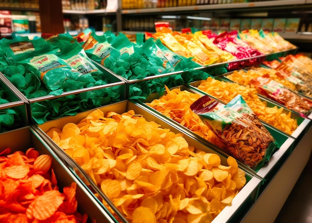 Foto een rek met chips in de supermarkt