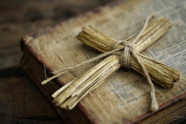 Een religieus kruis gemaakt van gedroogde palmbladeren op een Bijbelpasen-palmzondagconcept