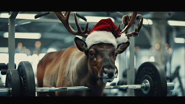 een rendier met een kerstmanhoed op zijn hoofd