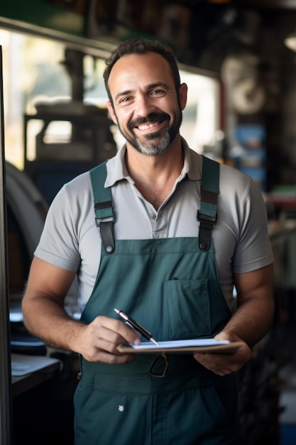 Een reparateur in uniform houdt een tablet vast terwijl hij bij het raam staat Generatieve AI