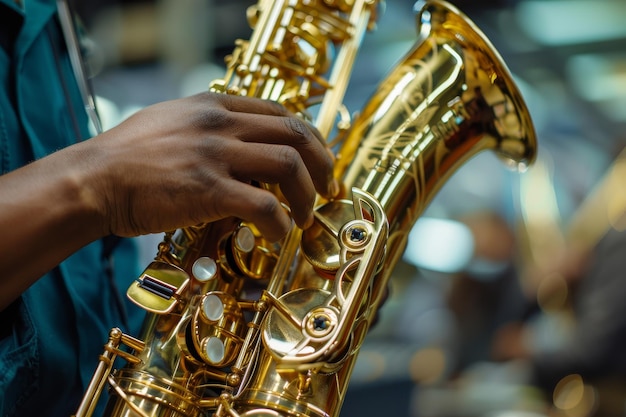 Een reparateur van muziekinstrumenten die een saxofoon repareert en zijn expertise in de reparatie van saxofoons toont